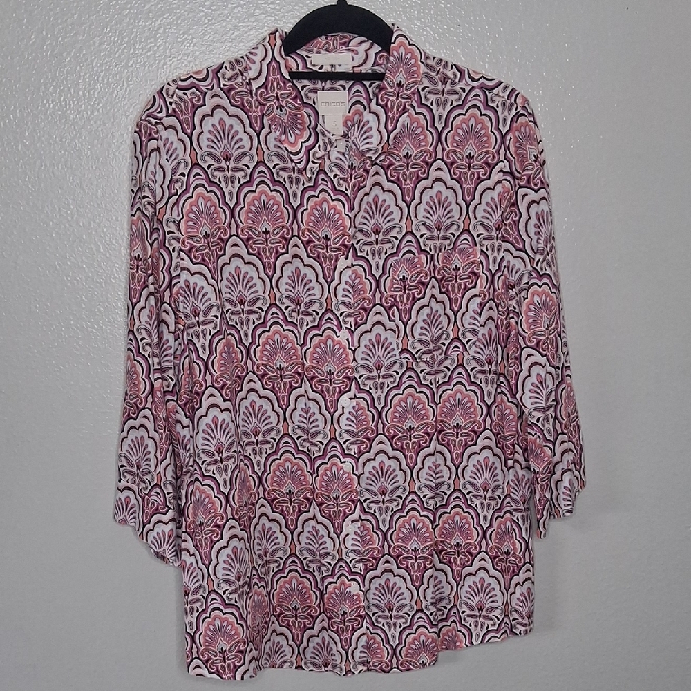Chico's Blouse Linen No Iron Button-up Pink Purple Geo Paisley Sz 3 US XL/16